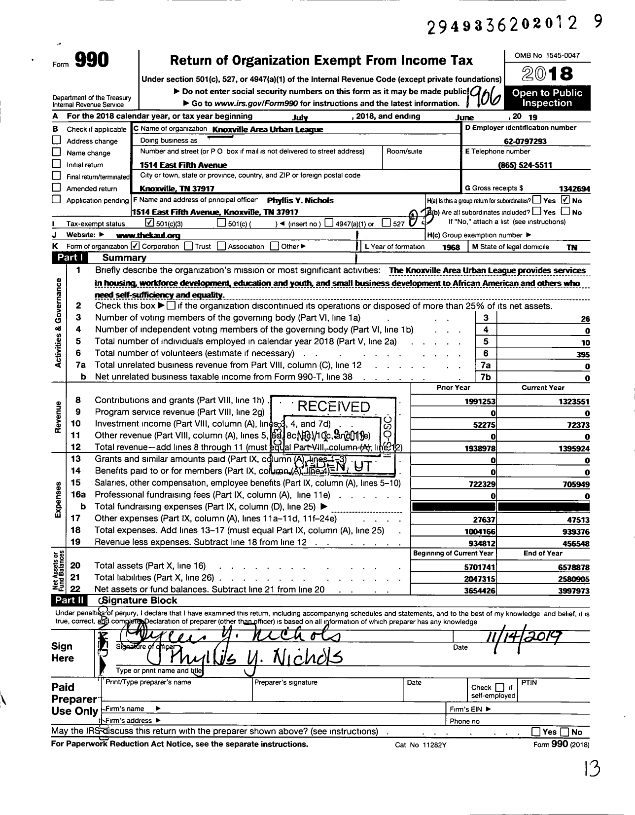 Image of first page of 2018 Form 990 for Knoxville Area Urban League