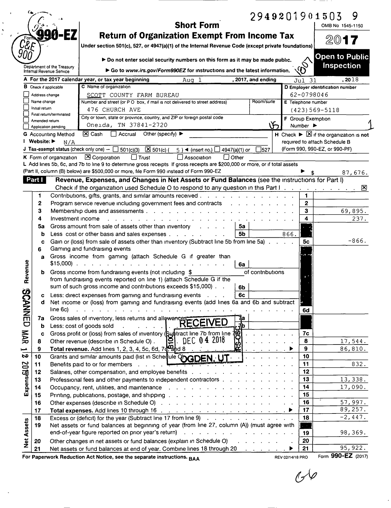 Image of first page of 2017 Form 990EO for Scott County Farm Bureau