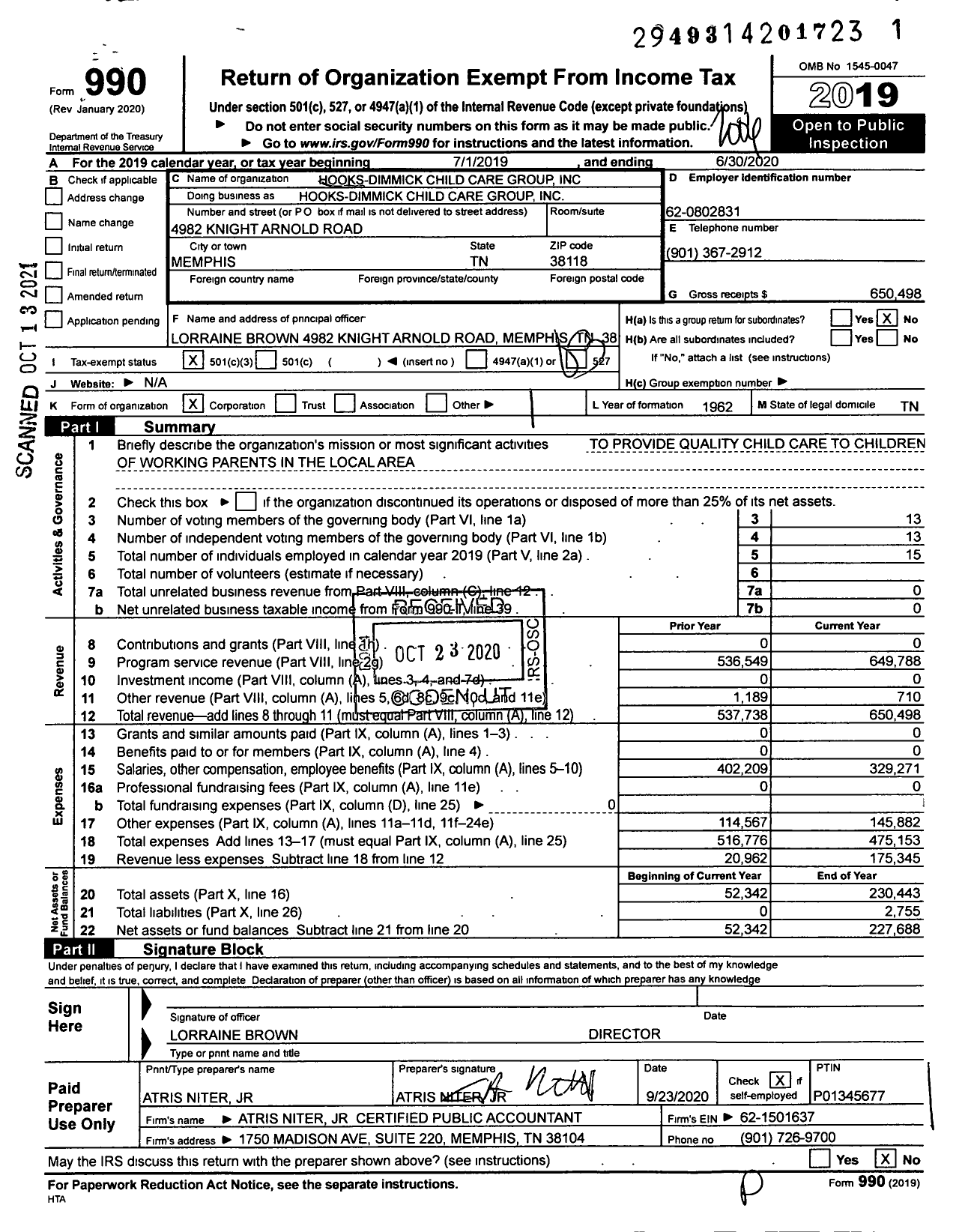 Image of first page of 2019 Form 990 for Hooks-Dimmick Child Care Group