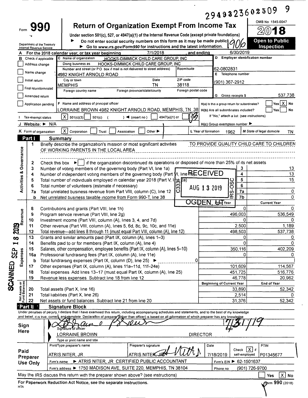 Image of first page of 2018 Form 990 for Hooks-Dimmick Child Care Group