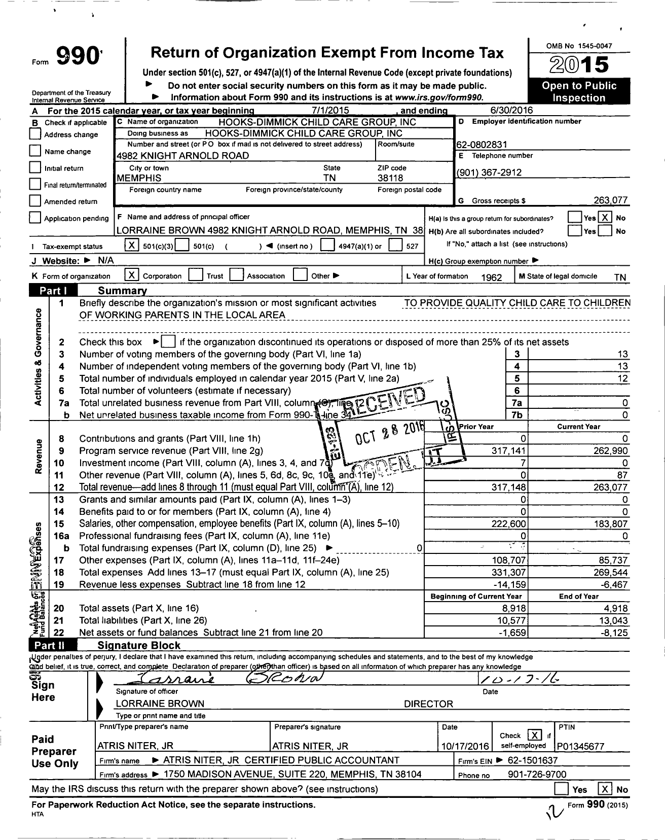 Image of first page of 2015 Form 990 for Hooks-Dimmick Child Care Group