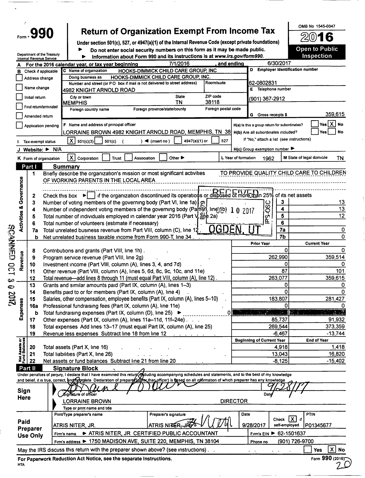 Image of first page of 2016 Form 990 for Hooks-Dimmick Child Care Group