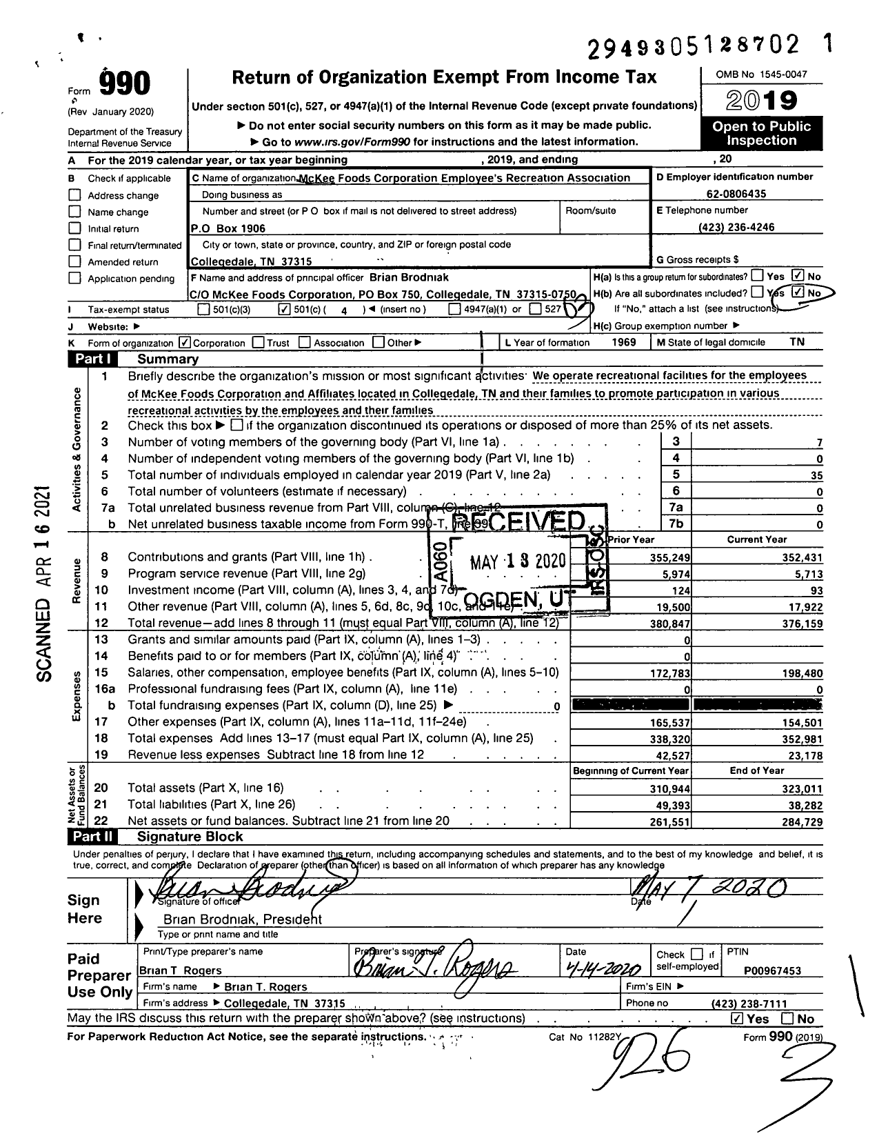 Image of first page of 2019 Form 990 for McKee Foods Corporation Employee's Recreation Association