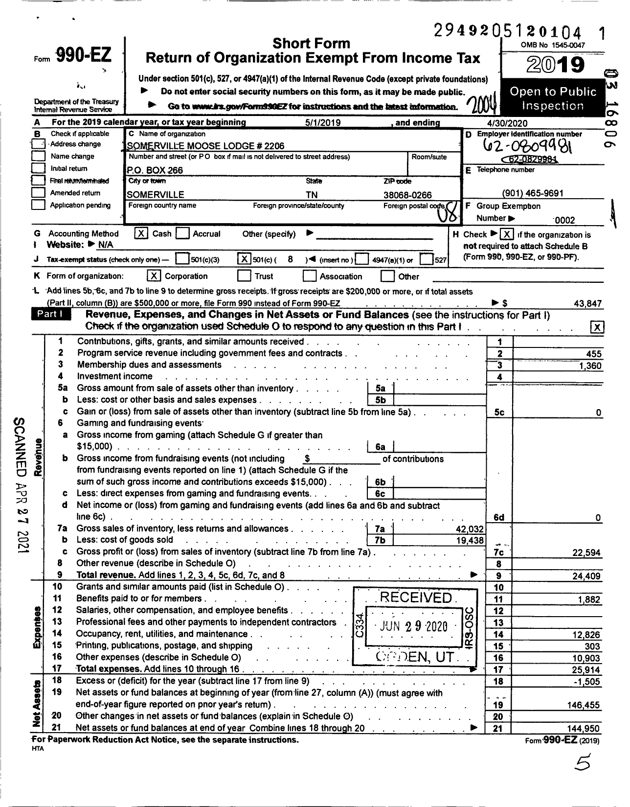 Image of first page of 2019 Form 990EO for Somerville Moose Lodge # 2206