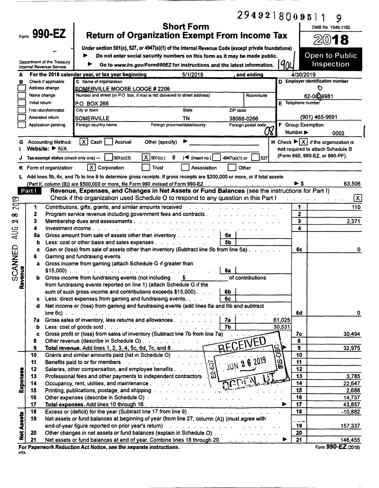 Image of first page of 2018 Form 990EO for Somerville Moose Lodge # 2206