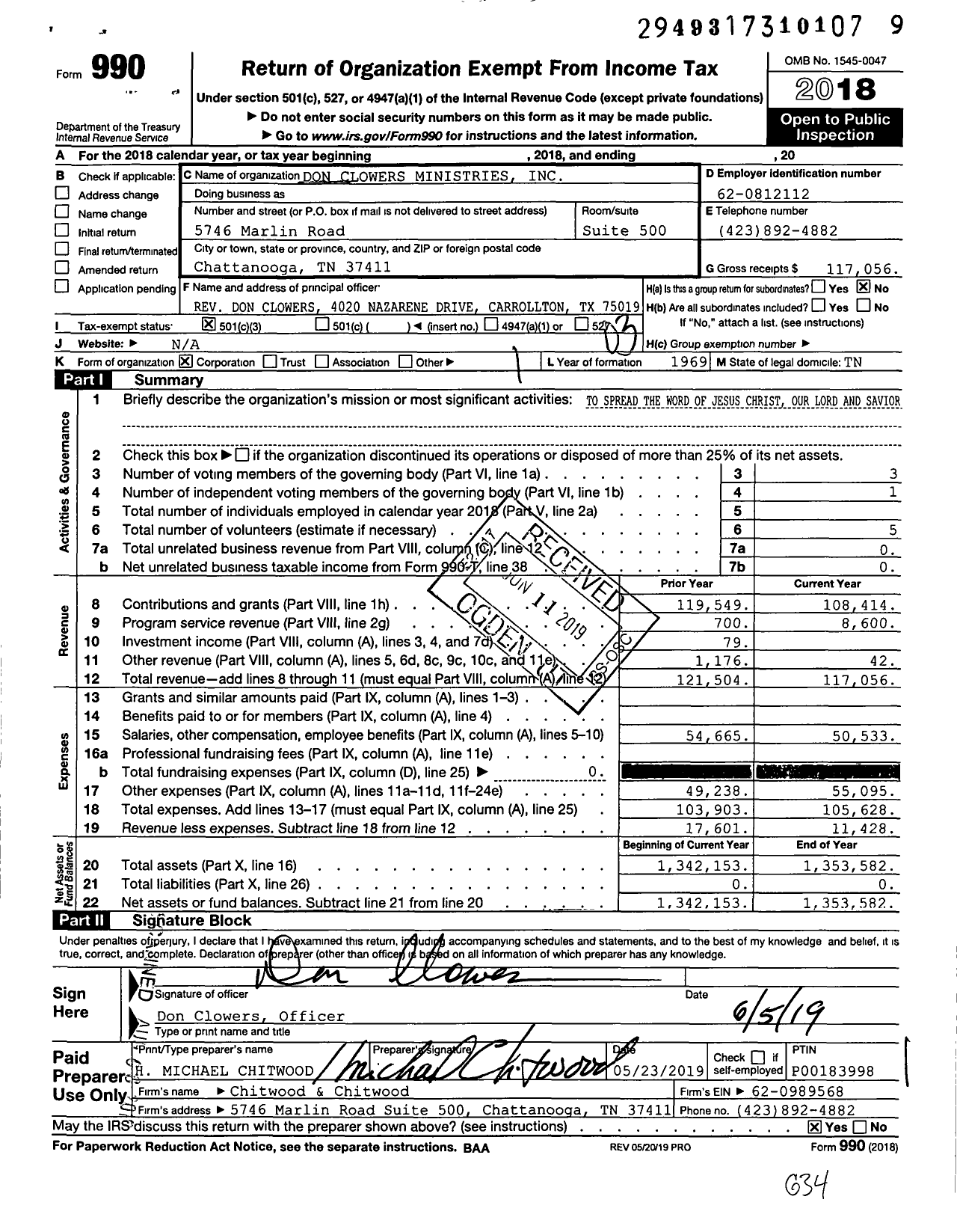 Image of first page of 2018 Form 990 for Don Clowers Ministries