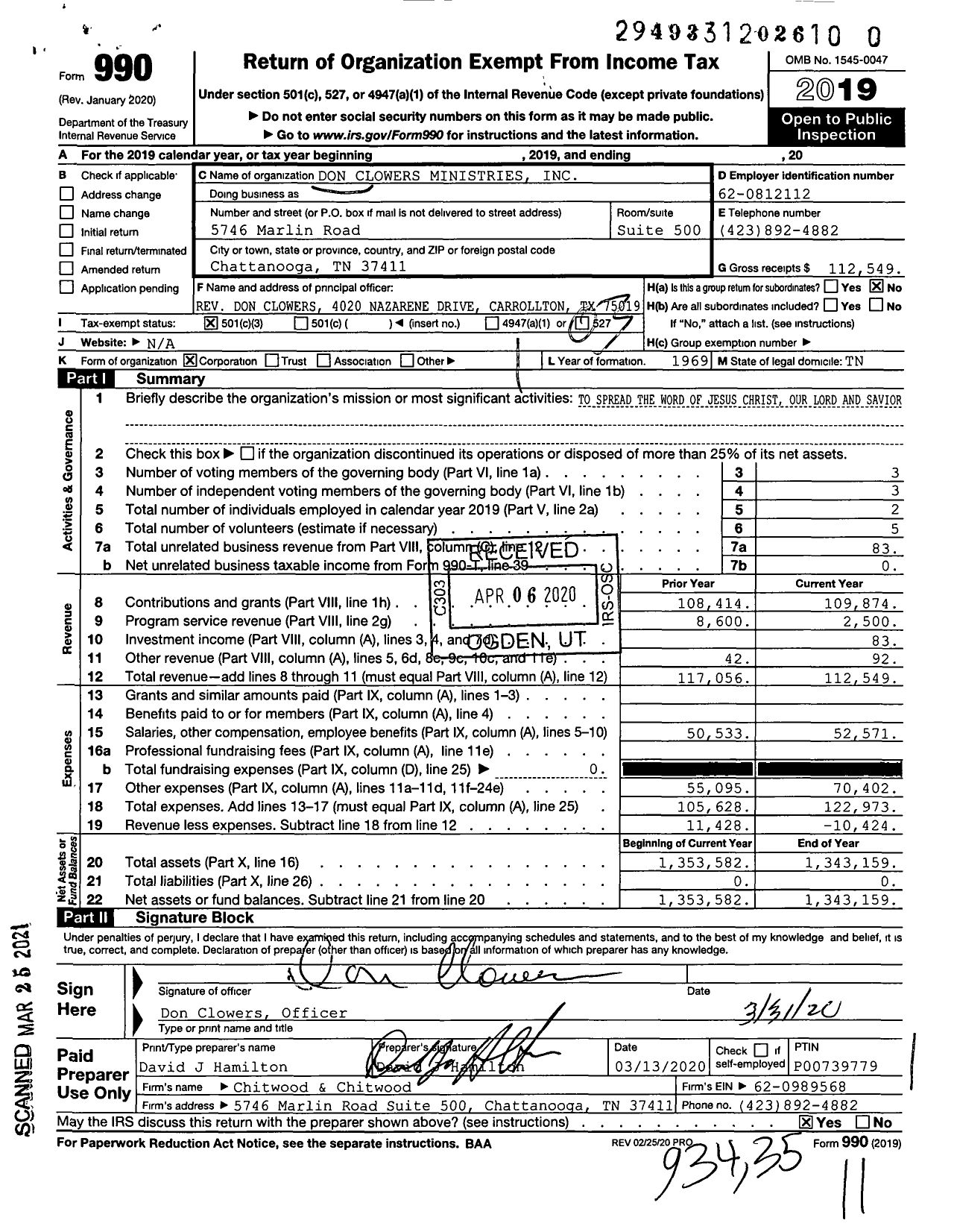 Image of first page of 2019 Form 990 for Don Clowers Ministries