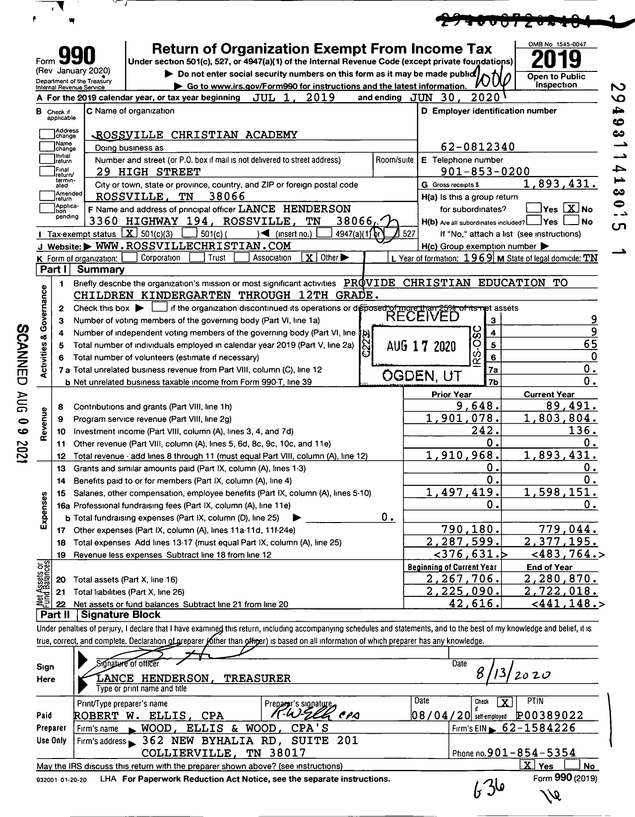 Image of first page of 2019 Form 990 for Rossville Christian Academy