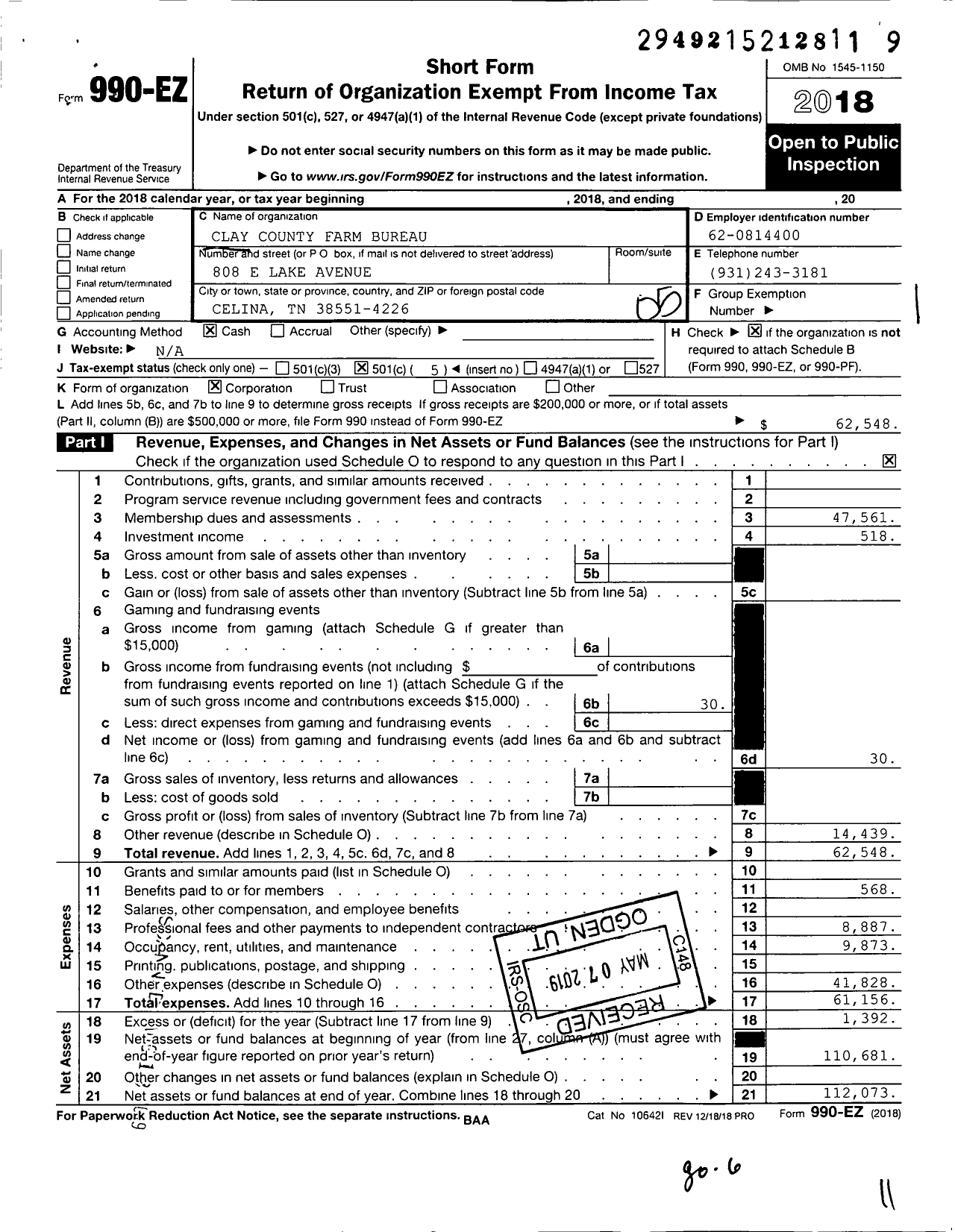 Image of first page of 2018 Form 990EO for Clay County Farm Bureau