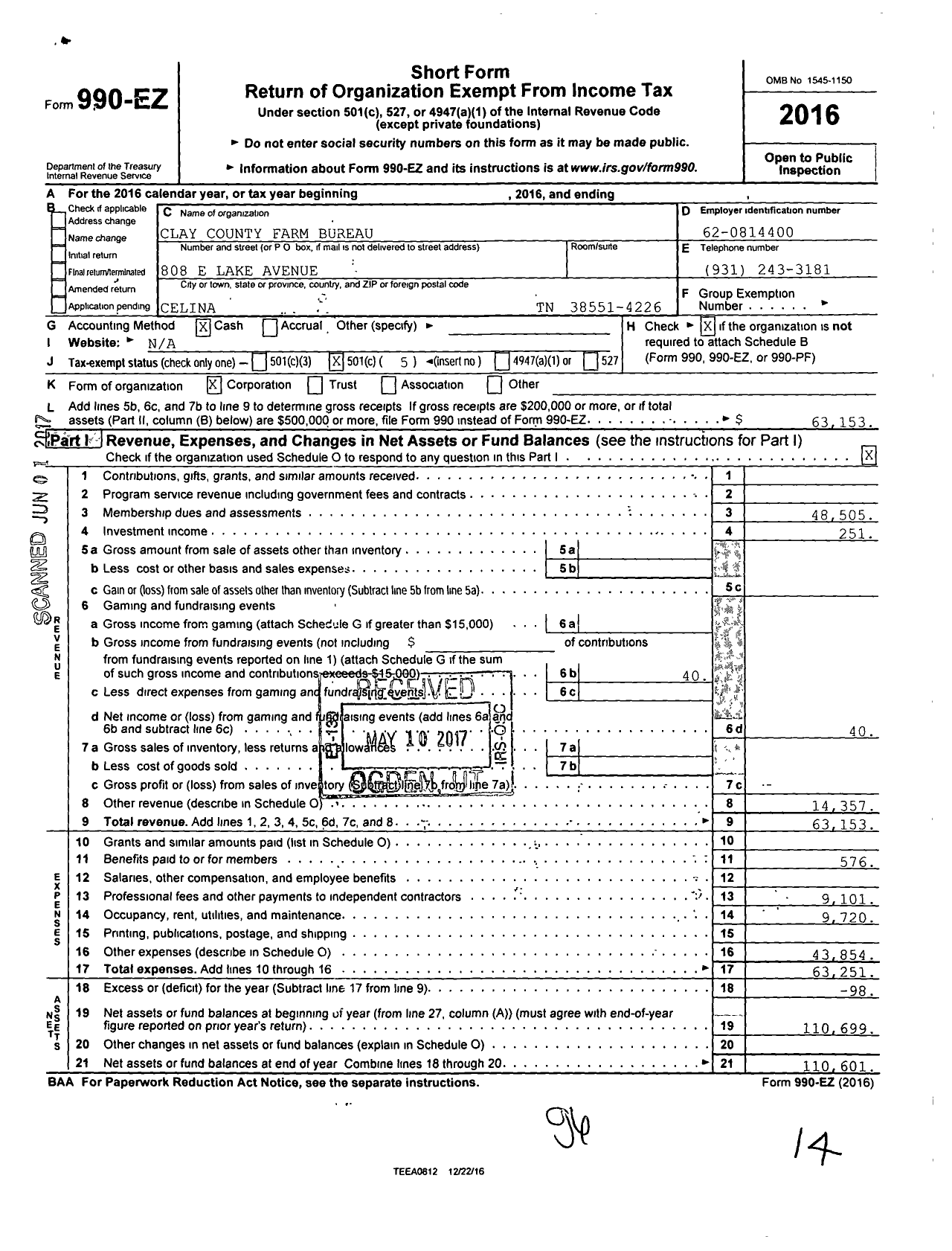 Image of first page of 2016 Form 990EO for Clay County Farm Bureau