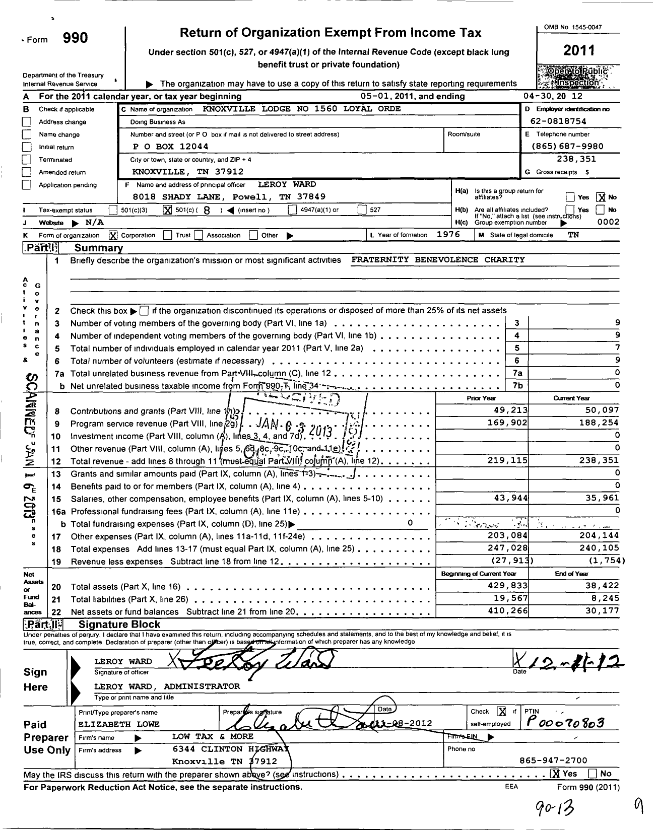 Image of first page of 2011 Form 990O for Loyal Order of Moose - 1560