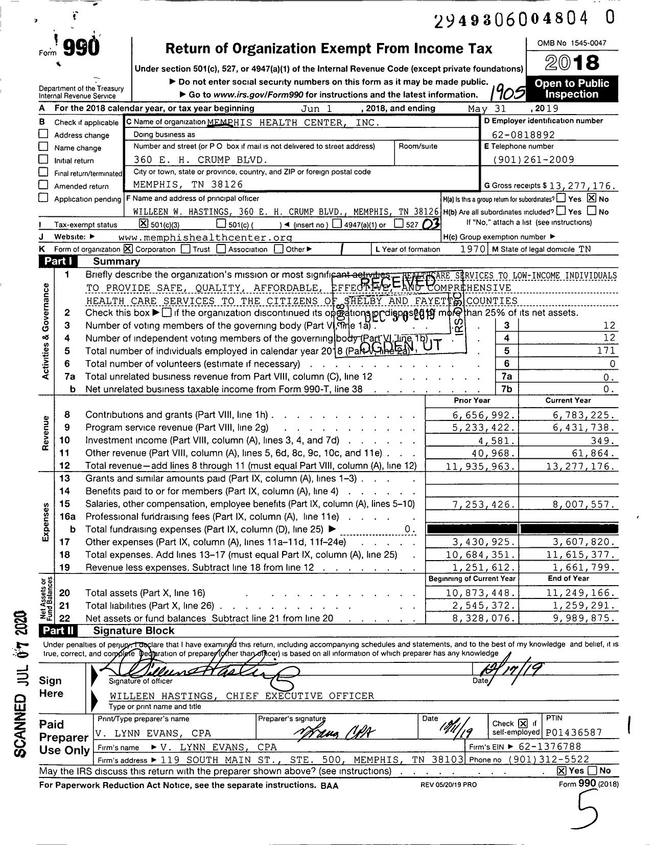 Image of first page of 2018 Form 990 for Memphis Health Center