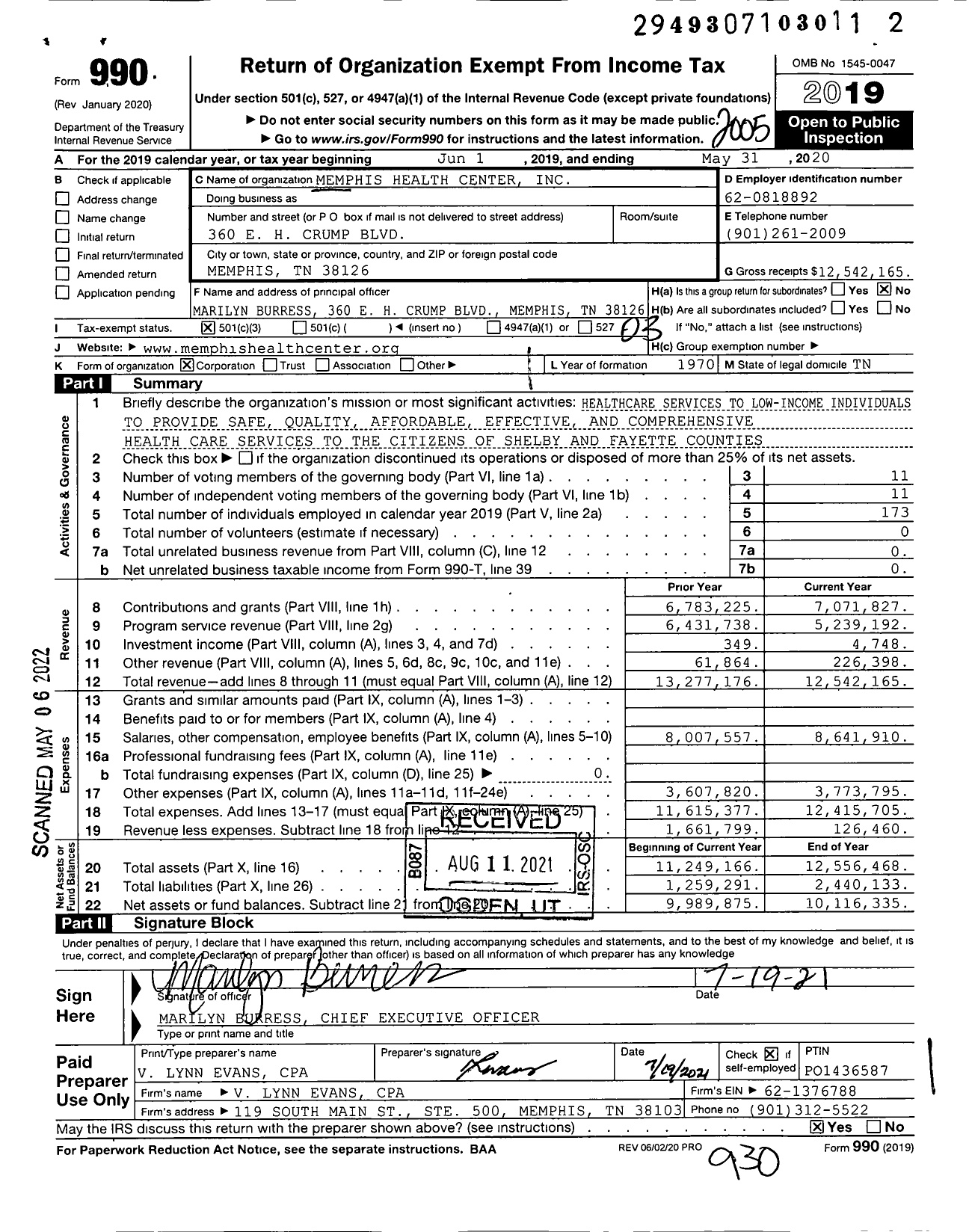 Image of first page of 2019 Form 990 for Memphis Health Center