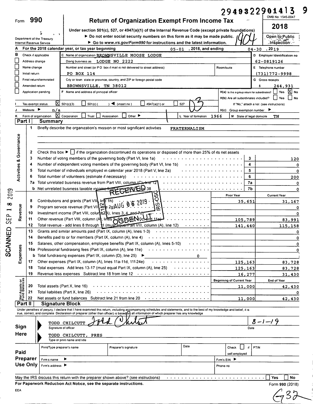 Image of first page of 2018 Form 990 for Loyal Order of Moose - Lodge No 2222