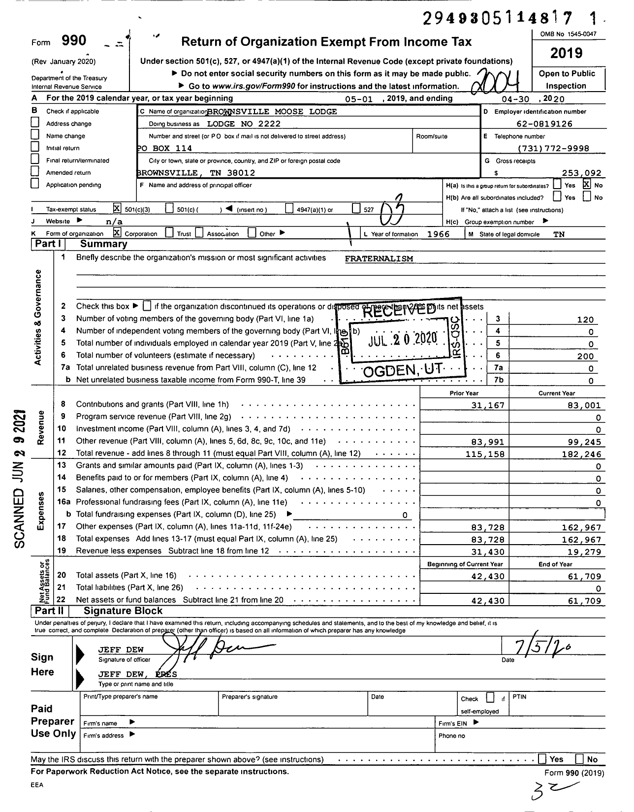 Image of first page of 2019 Form 990 for Loyal Order of Moose - Lodge No 2222