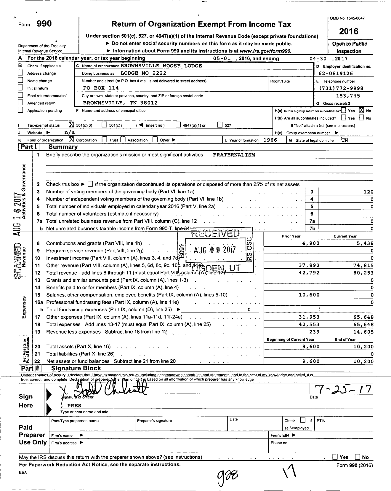 Image of first page of 2016 Form 990 for Loyal Order of Moose - Lodge No 2222