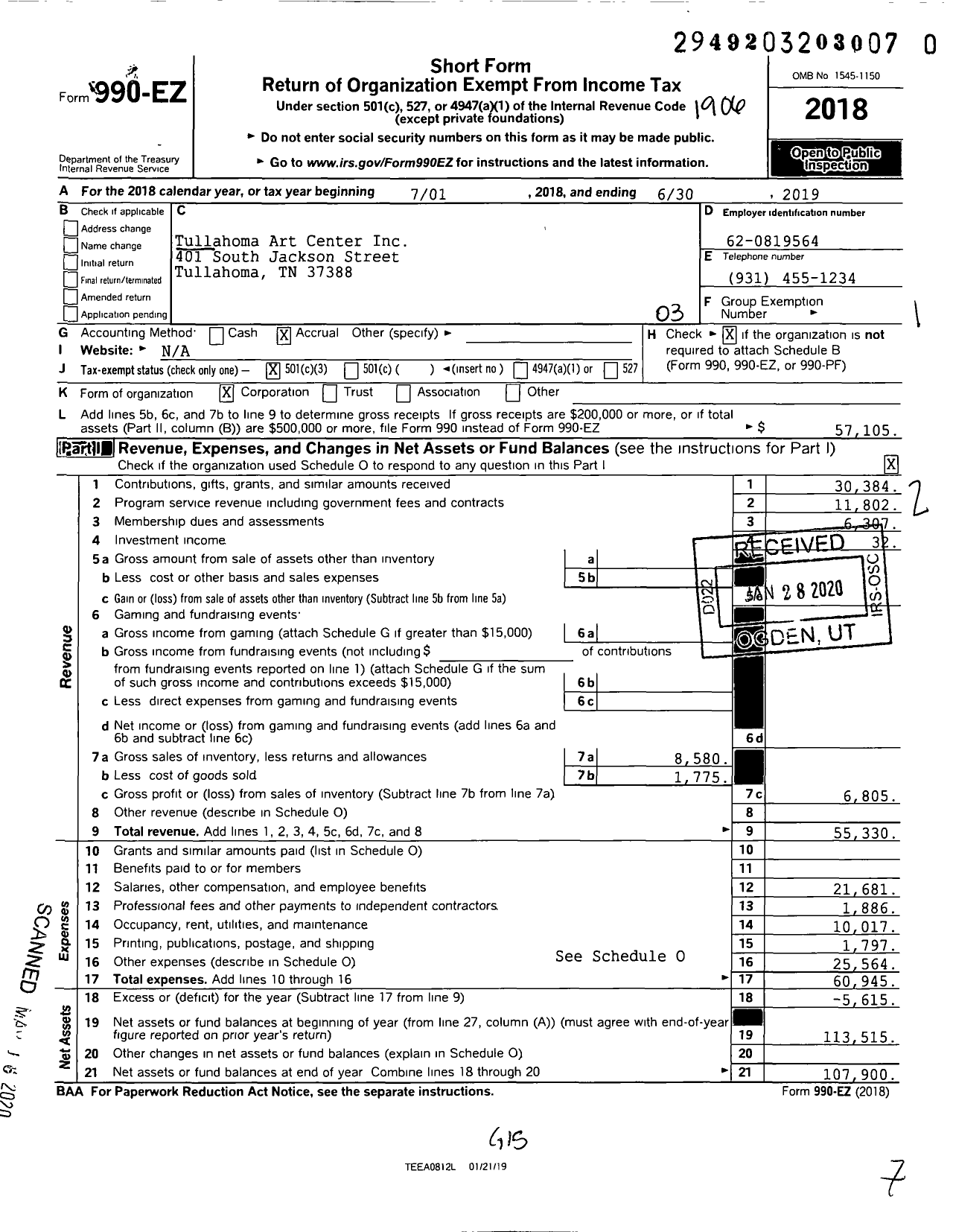 Image of first page of 2018 Form 990EZ for Tullahoma Art Center