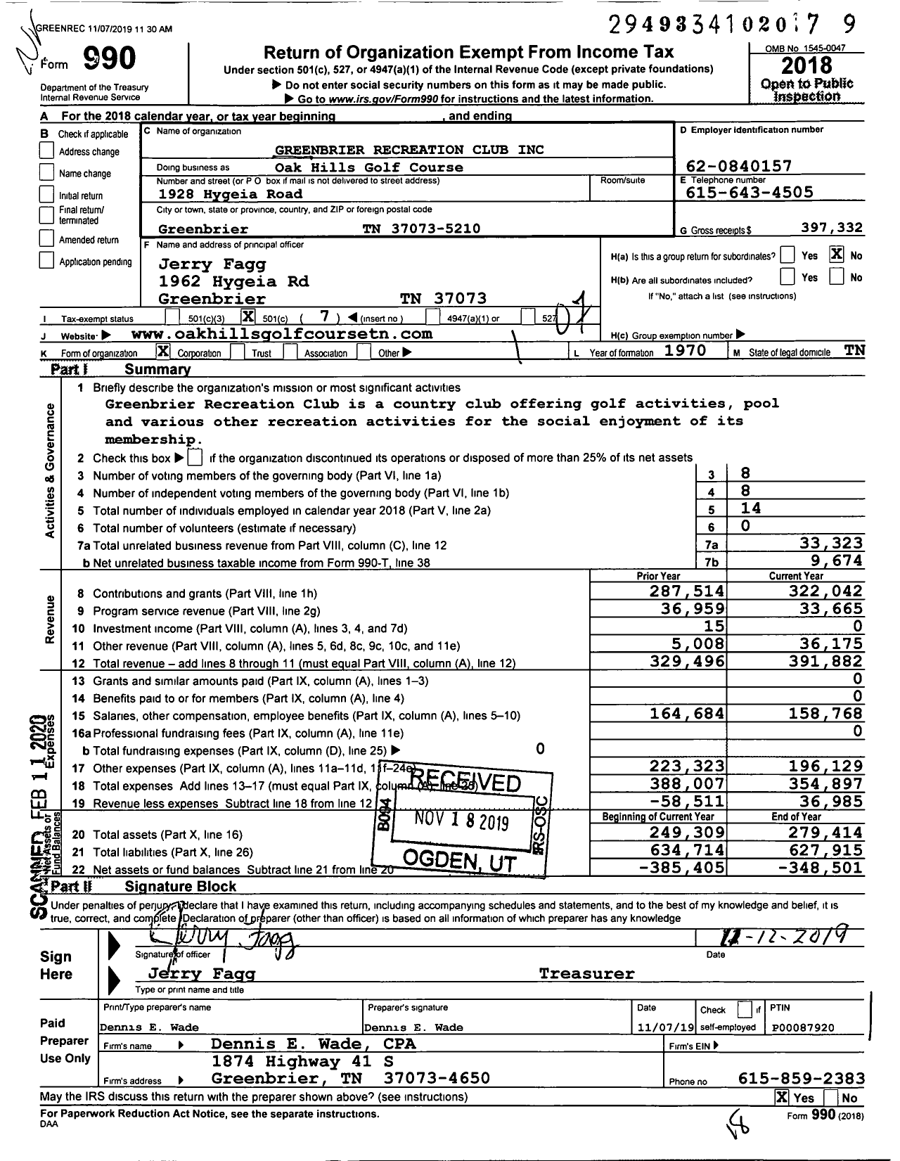 Image of first page of 2018 Form 990O for Greenbrier Recreation Club