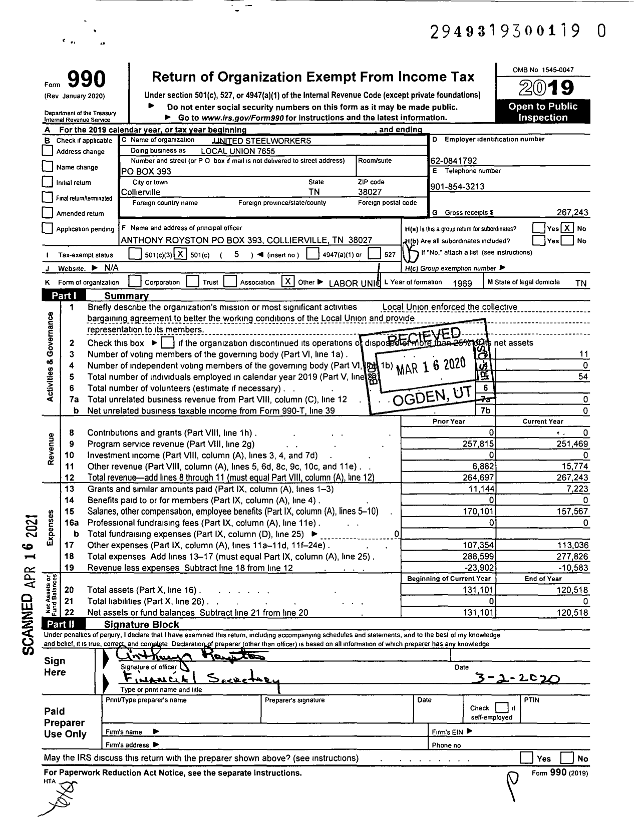 Image of first page of 2019 Form 990O for United Steelworkers - Local Union 7655