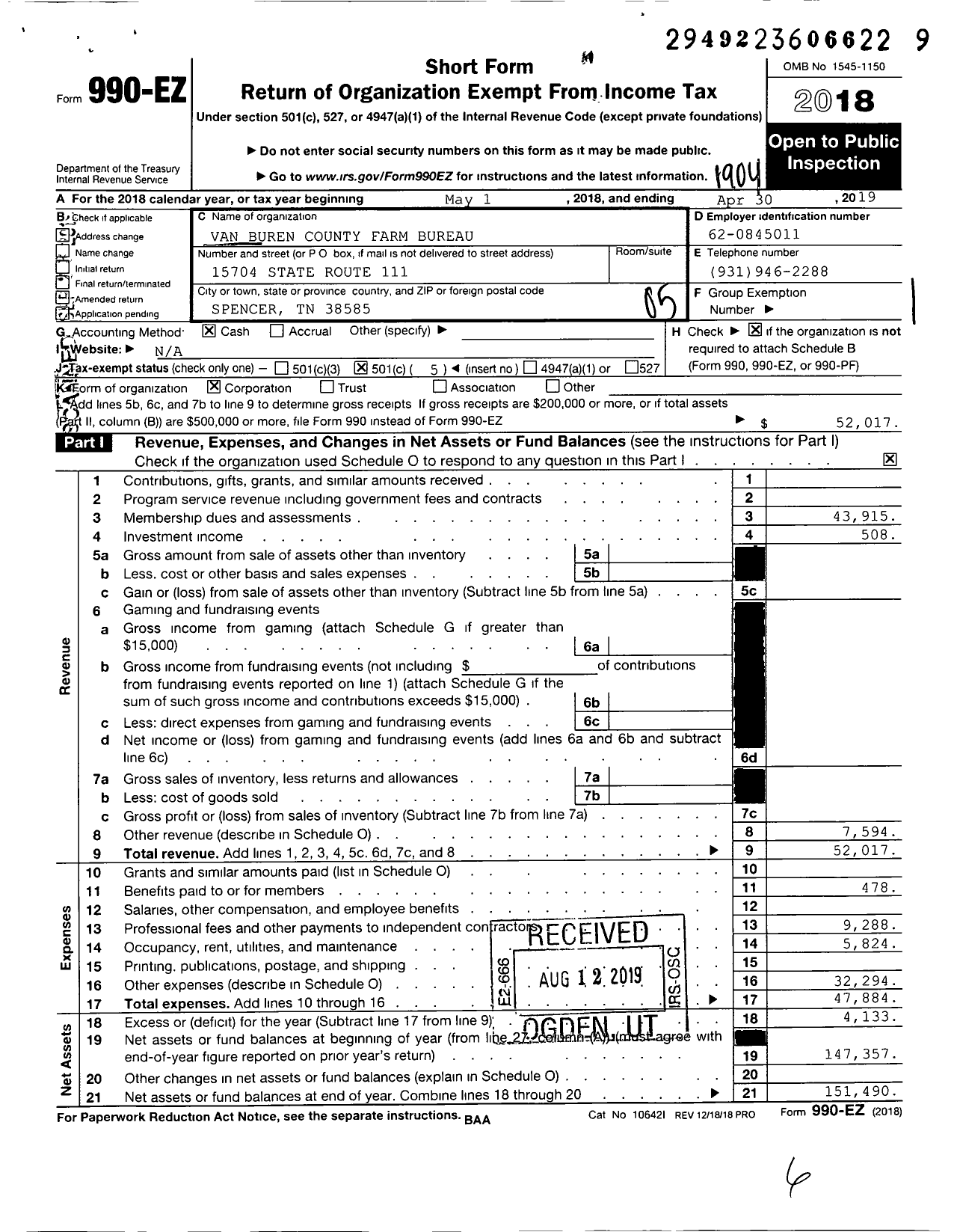 Image of first page of 2018 Form 990EO for Van Buren County Farm Bureau