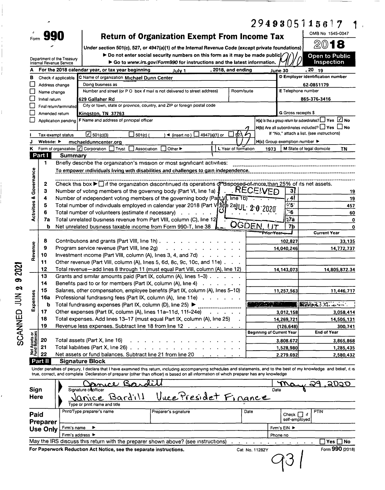 Image of first page of 2018 Form 990 for Michael Dunn Center