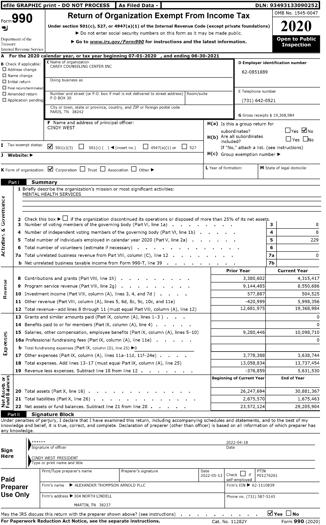 Image of first page of 2020 Form 990 for Carey Counseling Center