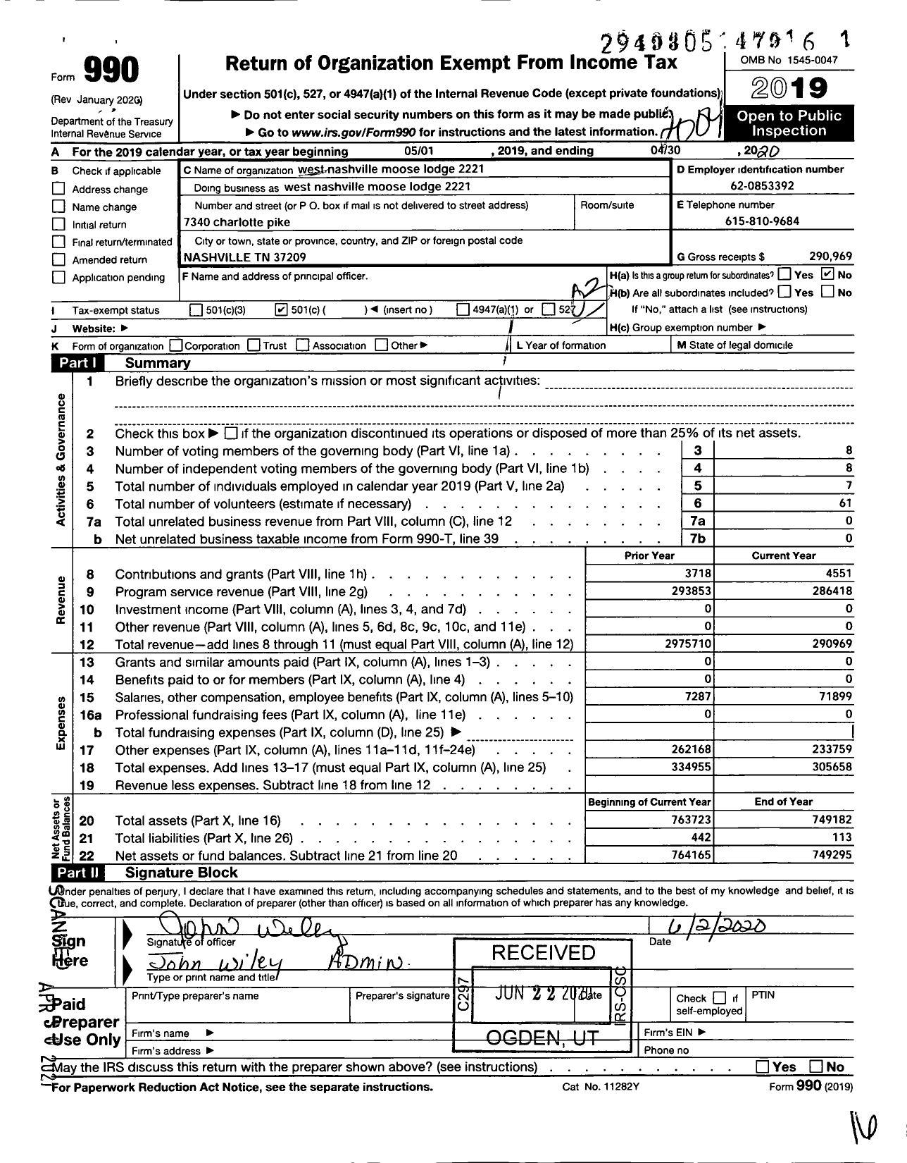 Image of first page of 2019 Form 990 for Loyal Order of Moose - 2221