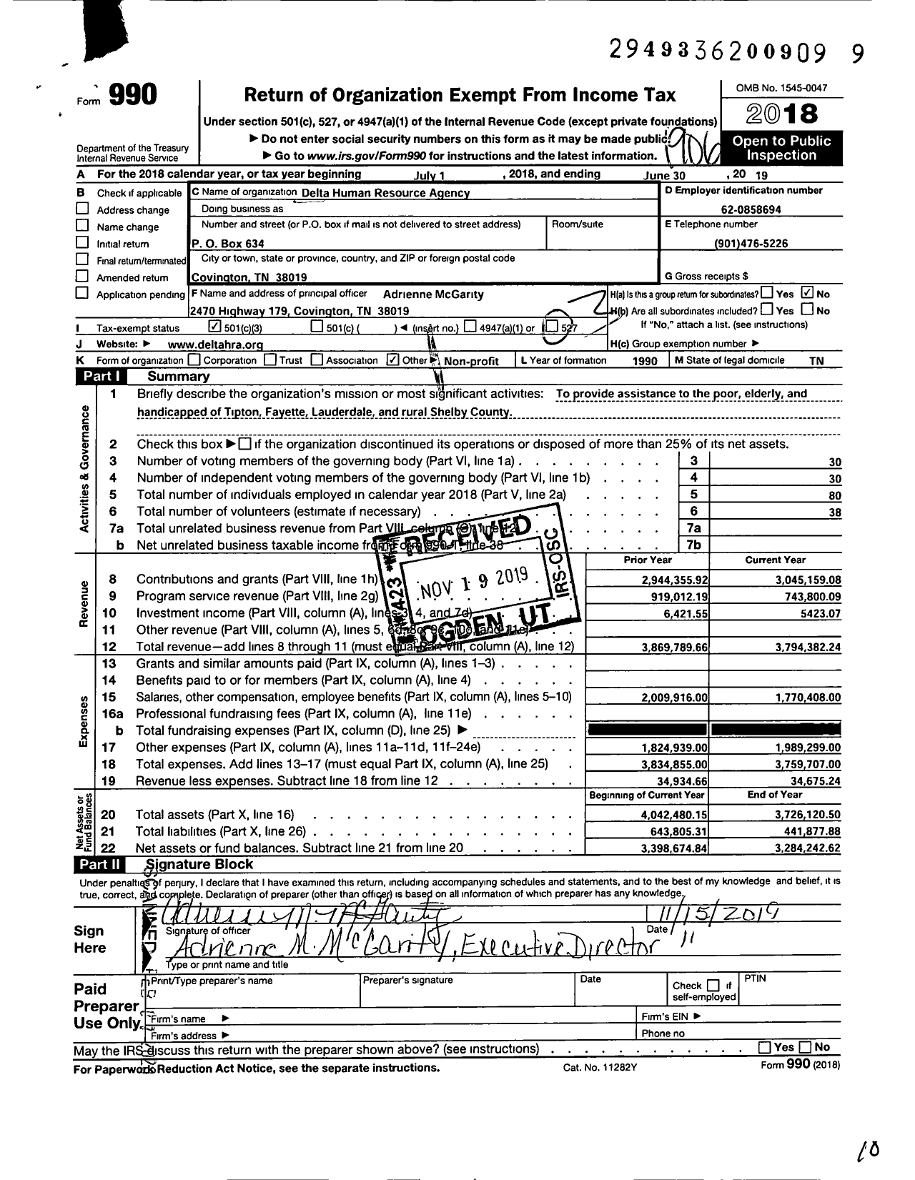 Image of first page of 2018 Form 990 for Delta Human Resource Agency