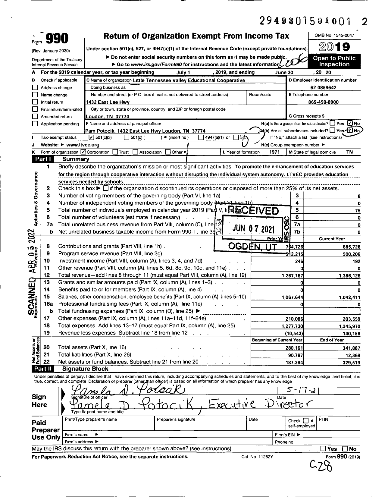 Image of first page of 2019 Form 990 for Tennessee Educational Cooperative