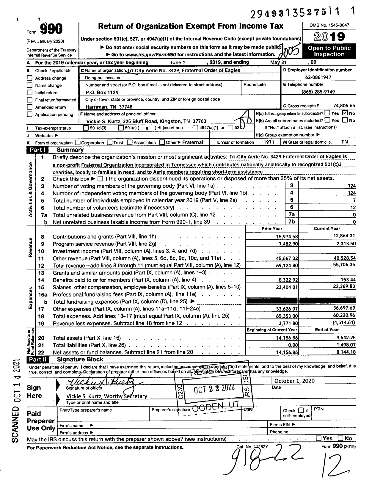 Image of first page of 2019 Form 990O for Fraternal Order of Eagles / 3429 Aerie