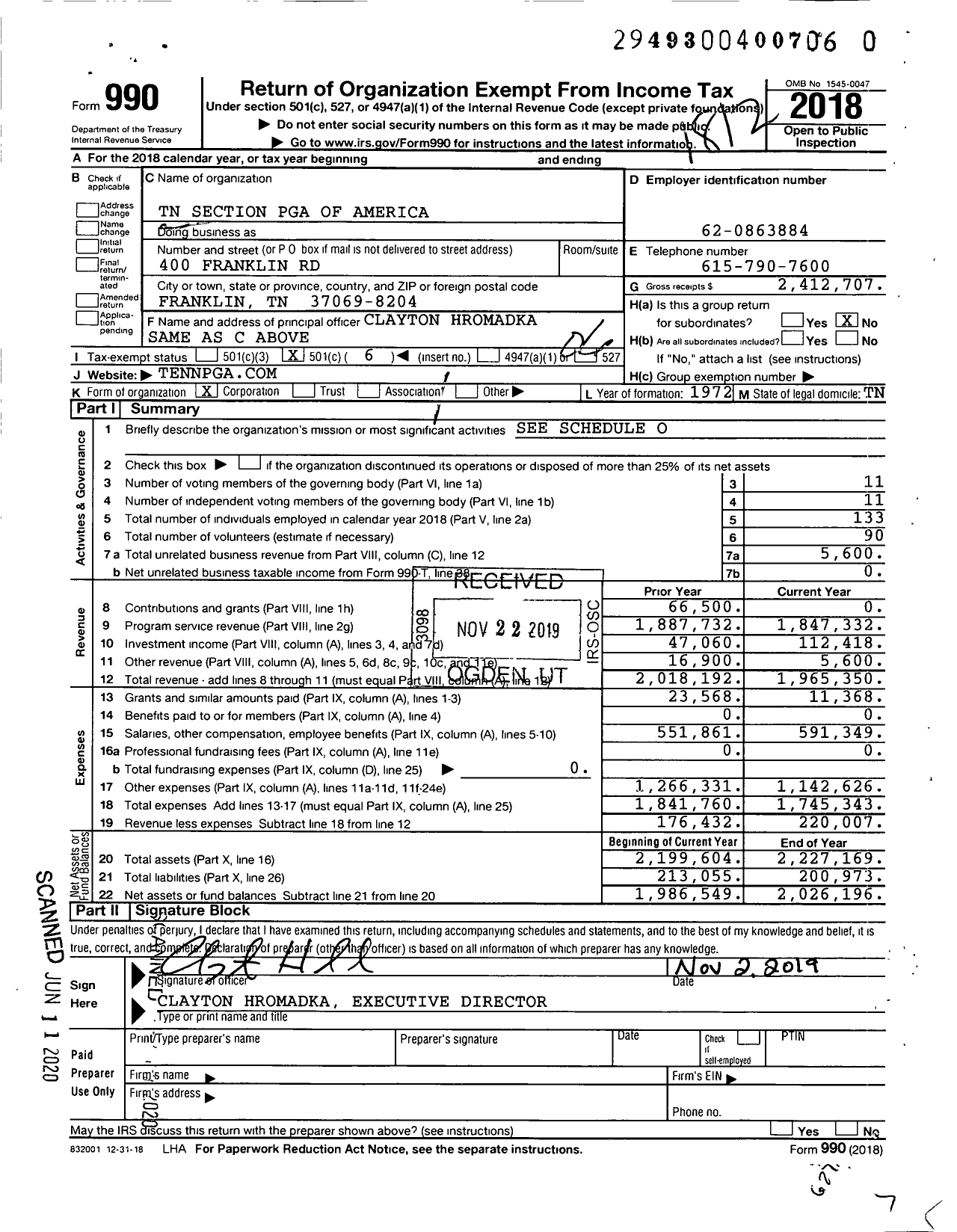 Image of first page of 2018 Form 990O for Tennessee Section Pga of Amercia