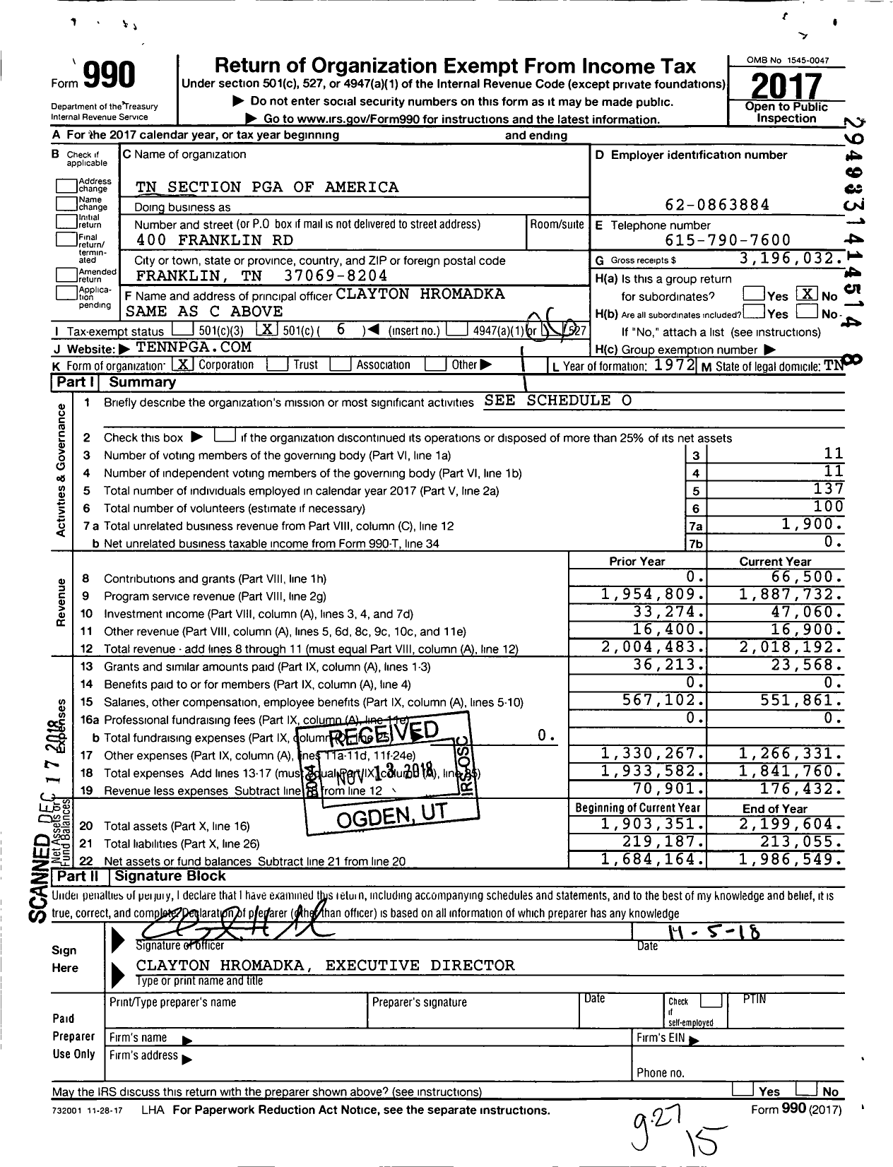 Image of first page of 2017 Form 990EO for Tennessee Section Pga of Amercia