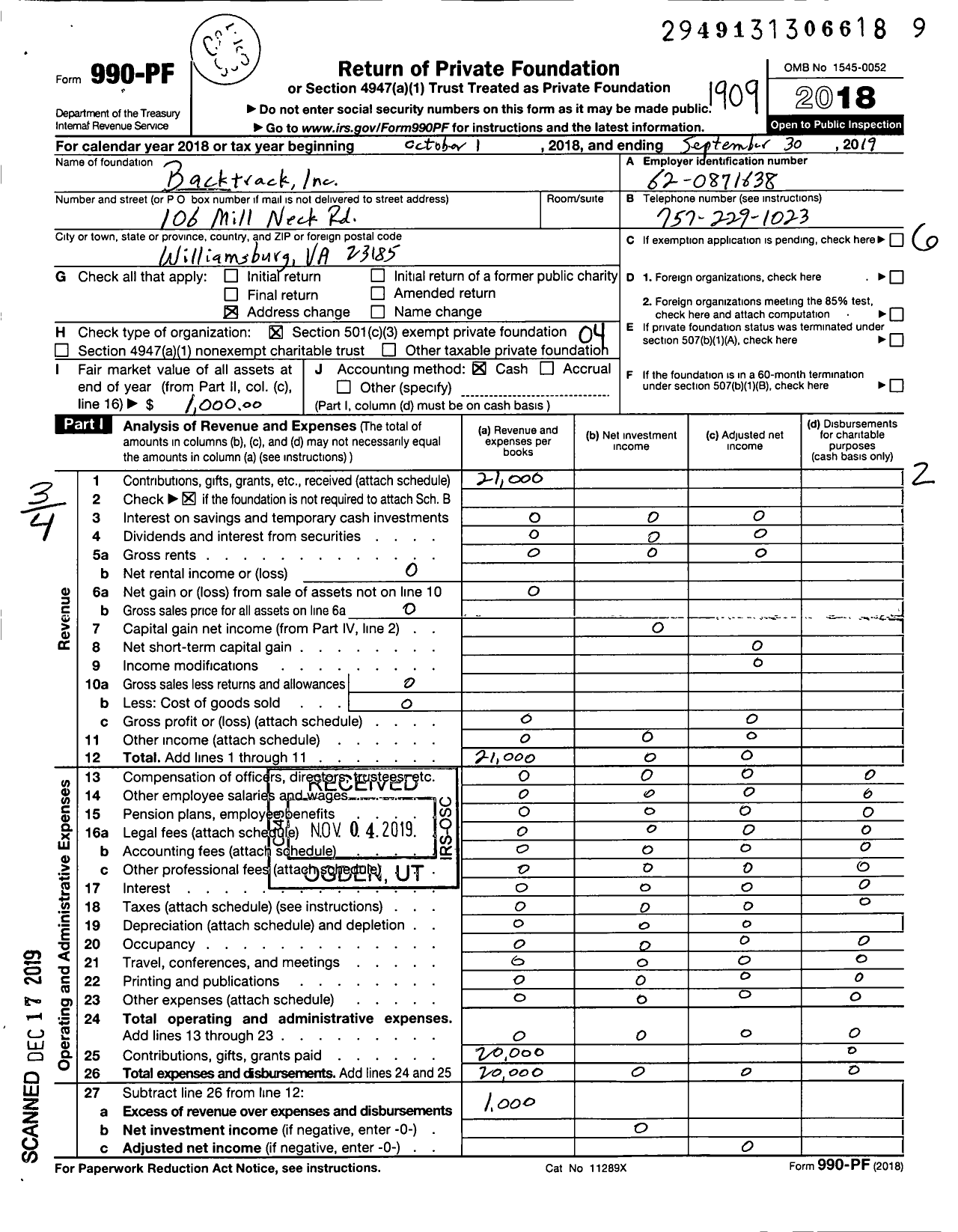 Image of first page of 2018 Form 990PF for Backtrack