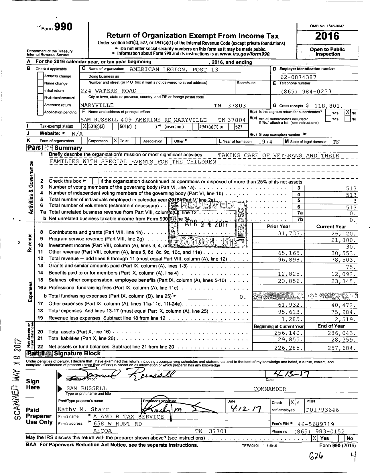 Image of first page of 2016 Form 990 for American Legion - 0013 Capt Emerson J Lones