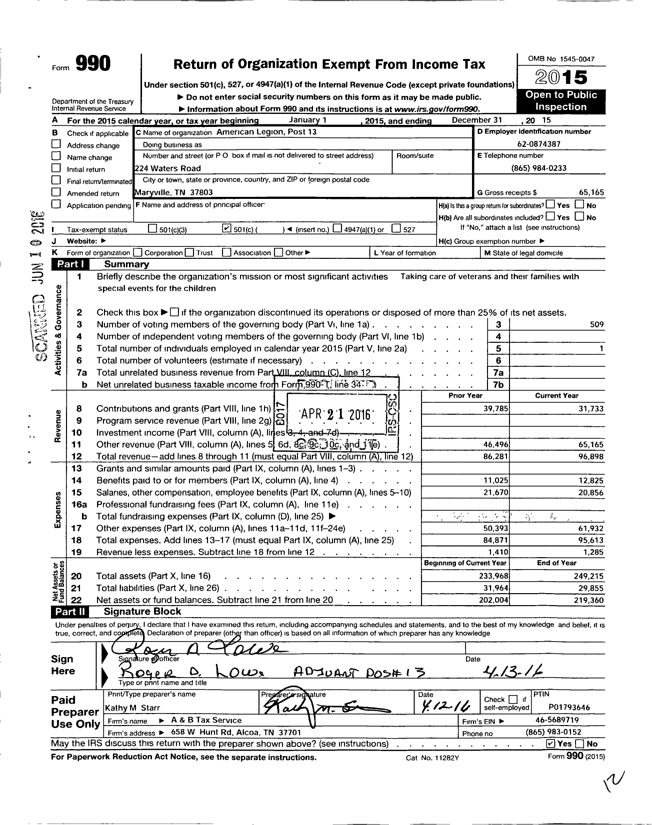 Image of first page of 2015 Form 990O for American Legion - 0013 Capt Emerson J Lones