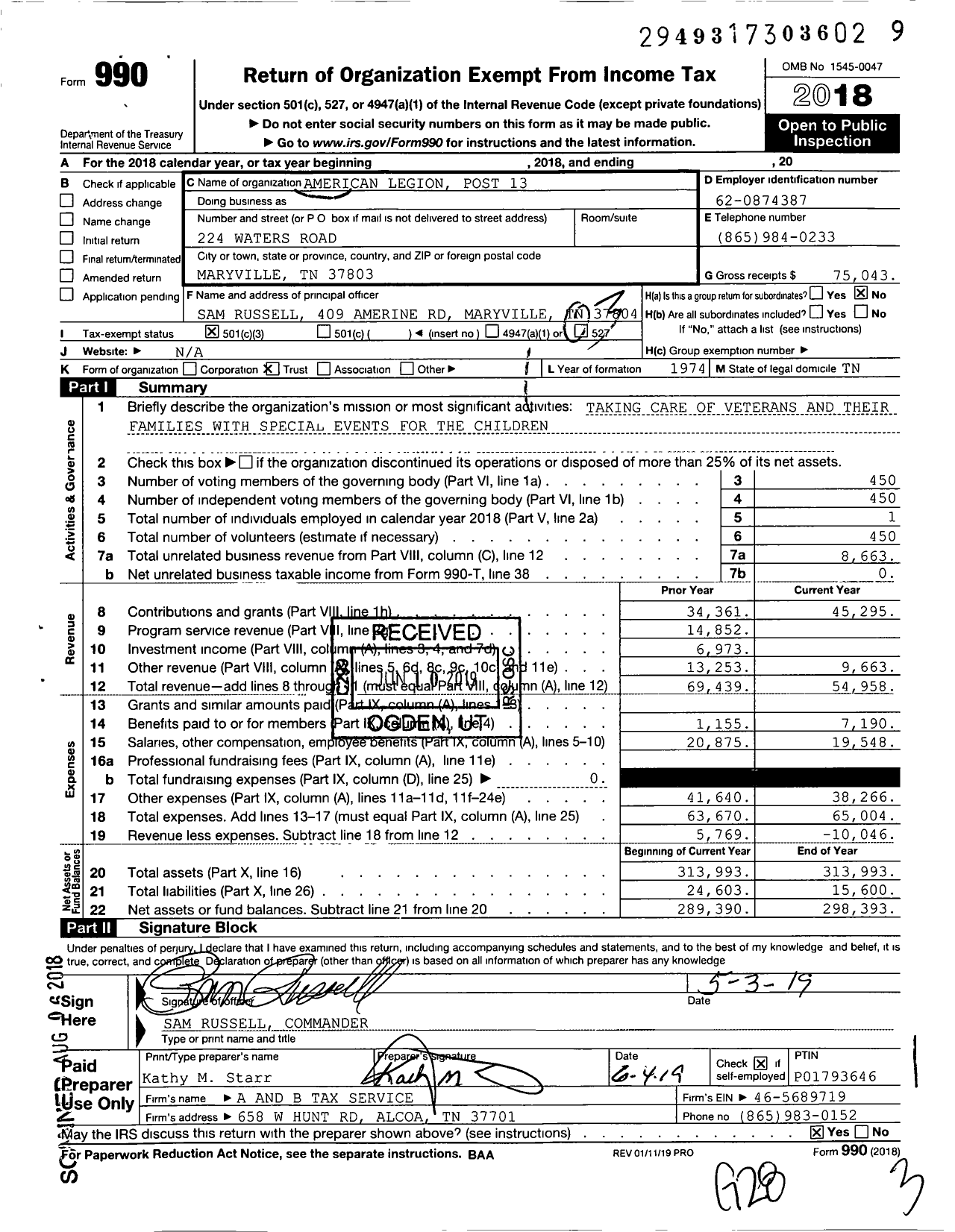 Image of first page of 2018 Form 990 for American Legion - 0013 Capt Emerson J Lones