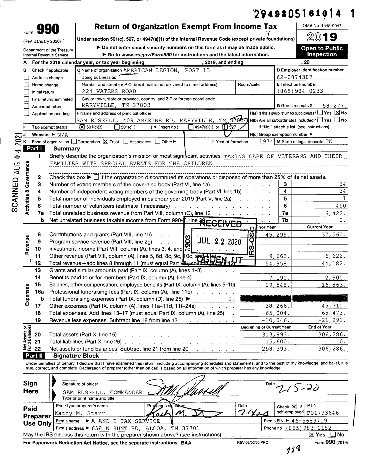 Image of first page of 2019 Form 990 for American Legion - 0013 Capt Emerson J Lones