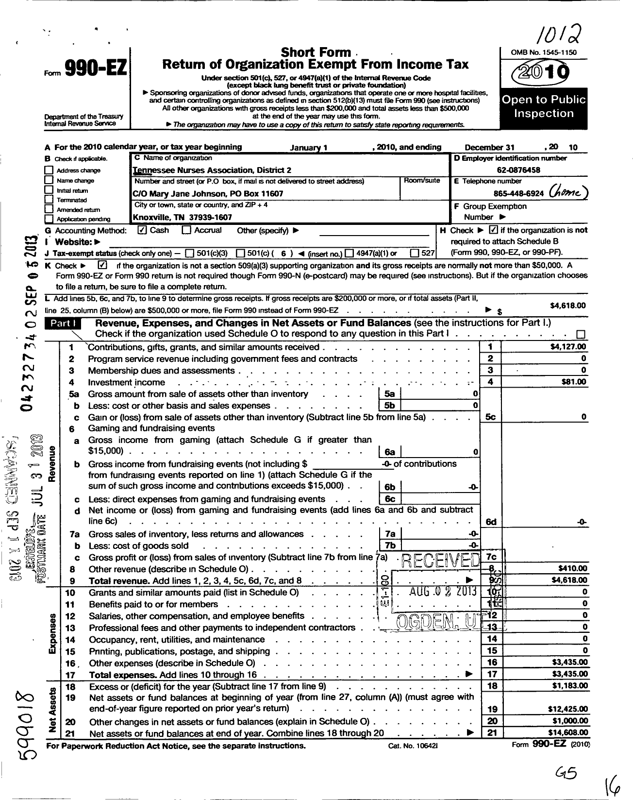 Image of first page of 2010 Form 990EO for Tennessee Nurses Association - 2 District