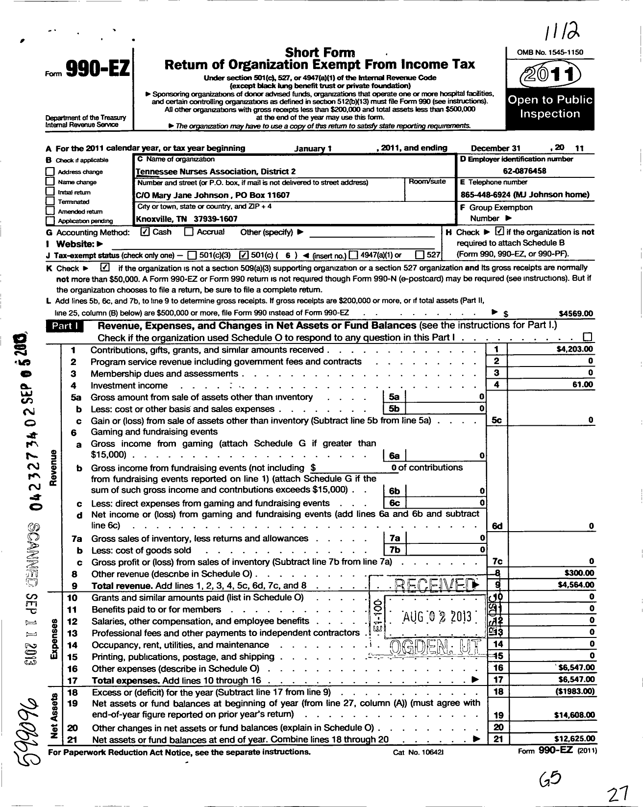 Image of first page of 2011 Form 990EO for Tennessee Nurses Association - 2 District