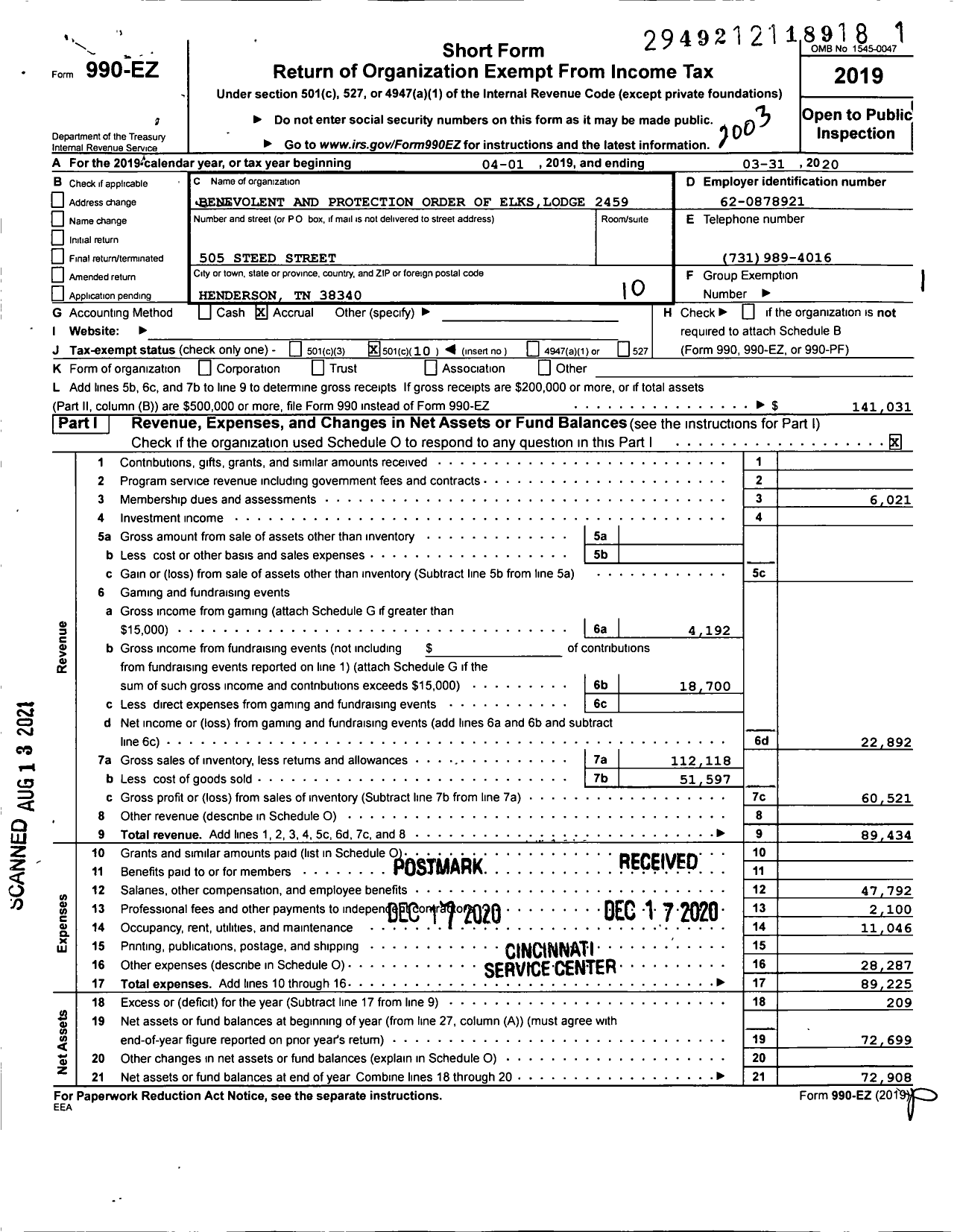 Image of first page of 2019 Form 990EO for Benevolent and Protective Order of Elks