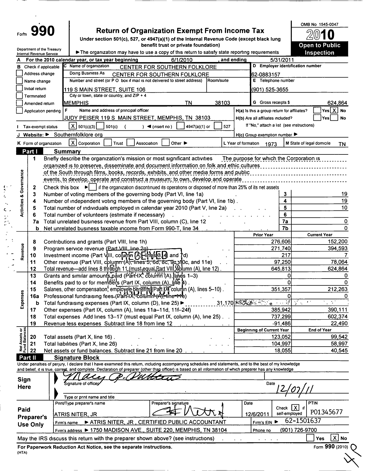 Image of first page of 2010 Form 990 for Center for Southern Folkore