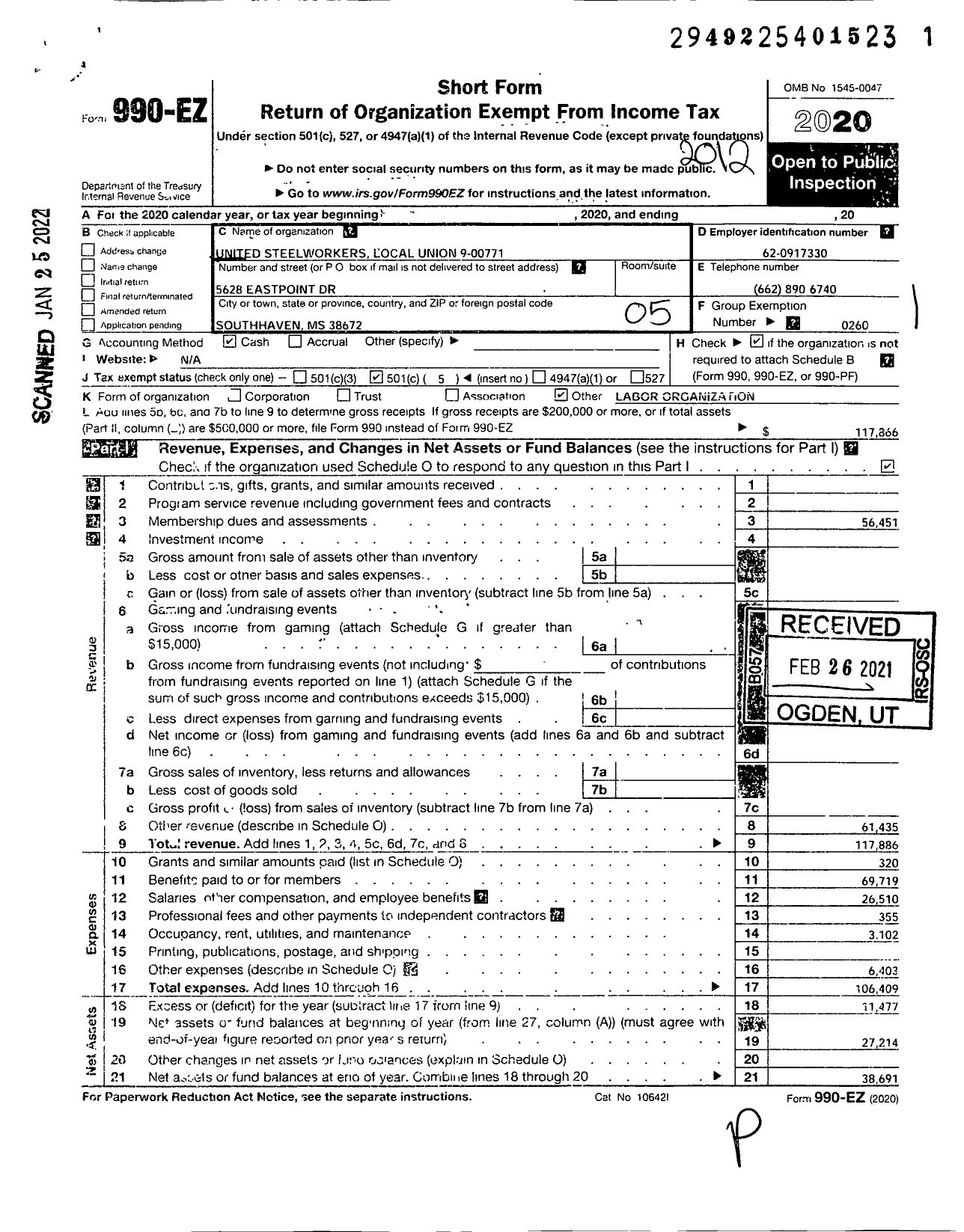 Image of first page of 2020 Form 990EO for United Steelworkers - 9-771 Local