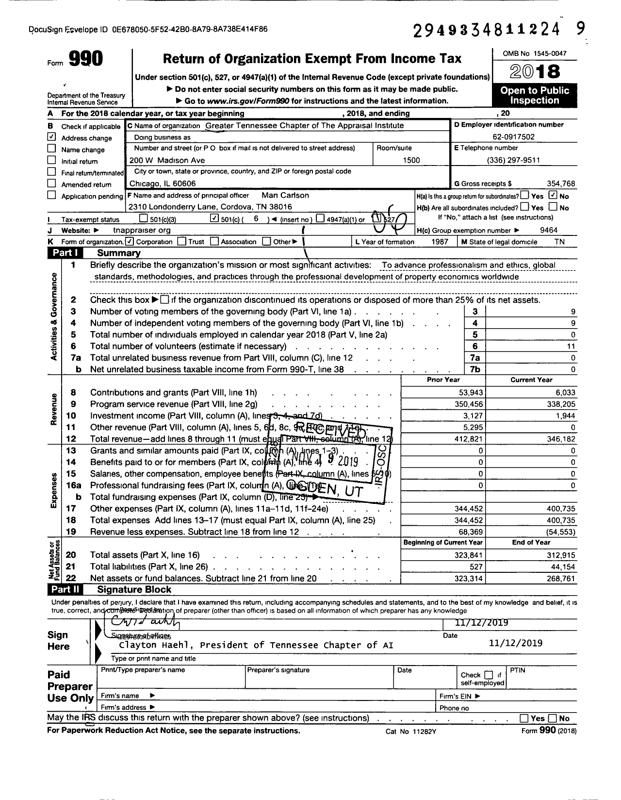 Image of first page of 2018 Form 990O for Tennessee Chapter of the Appraisal Institute