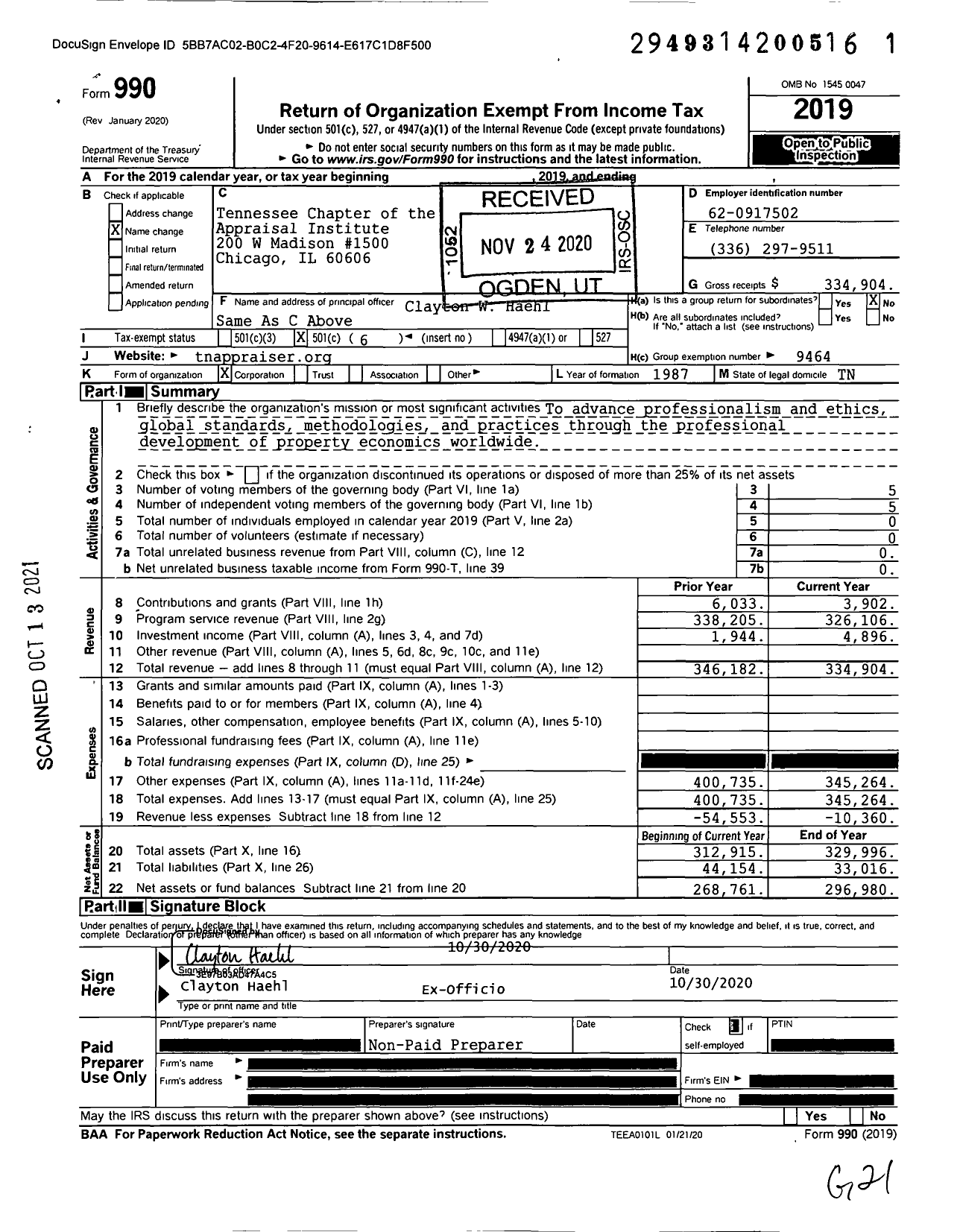 Image of first page of 2019 Form 990O for Tennessee Chapter of the Appraisal Institute