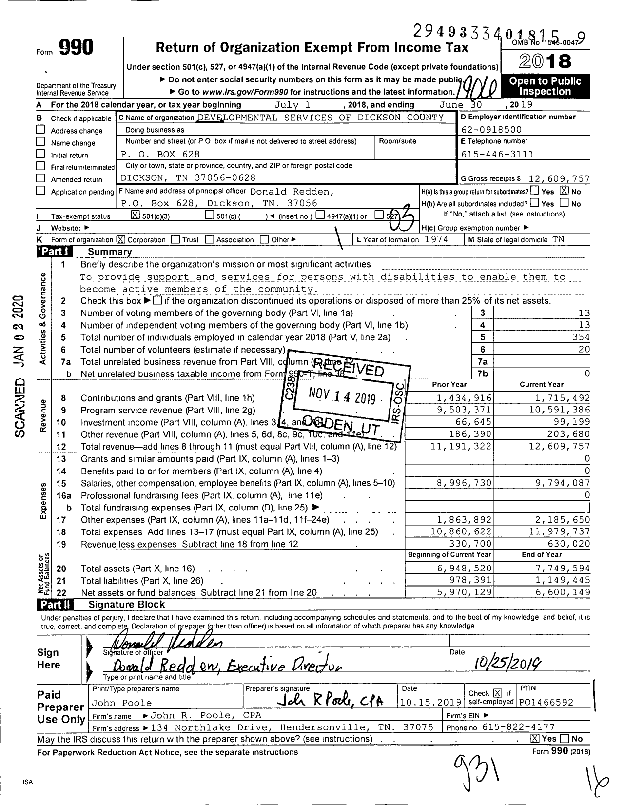 Image of first page of 2018 Form 990 for Developmental Services of Dickson County