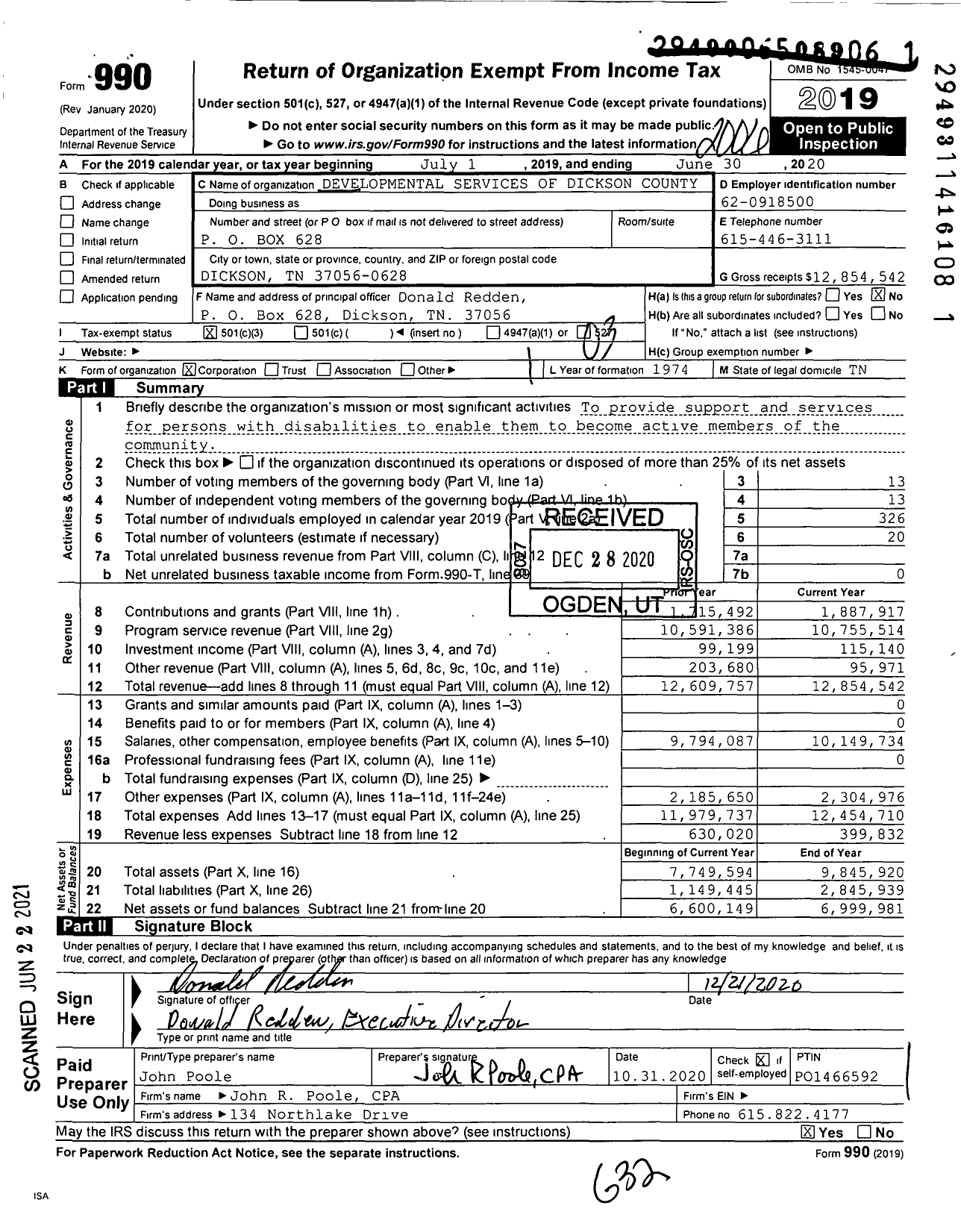 Image of first page of 2019 Form 990 for Developmental Services of Dickson County