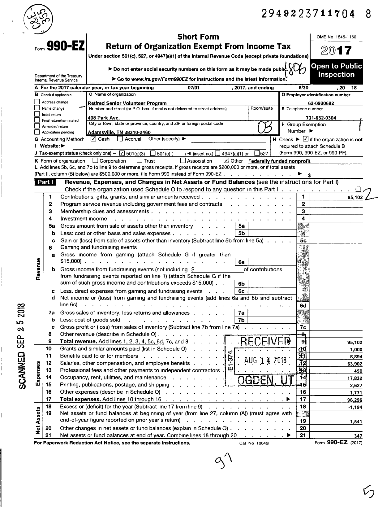 Image of first page of 2017 Form 990EZ for Americorps Seniorsrsvp