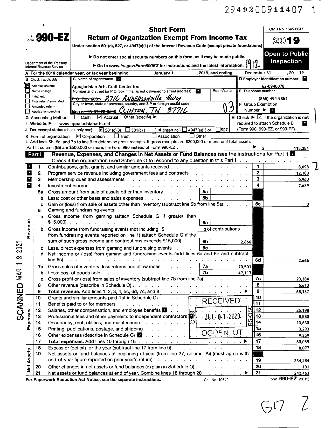 Image of first page of 2019 Form 990EZ for Appalachian Arts Craft Center