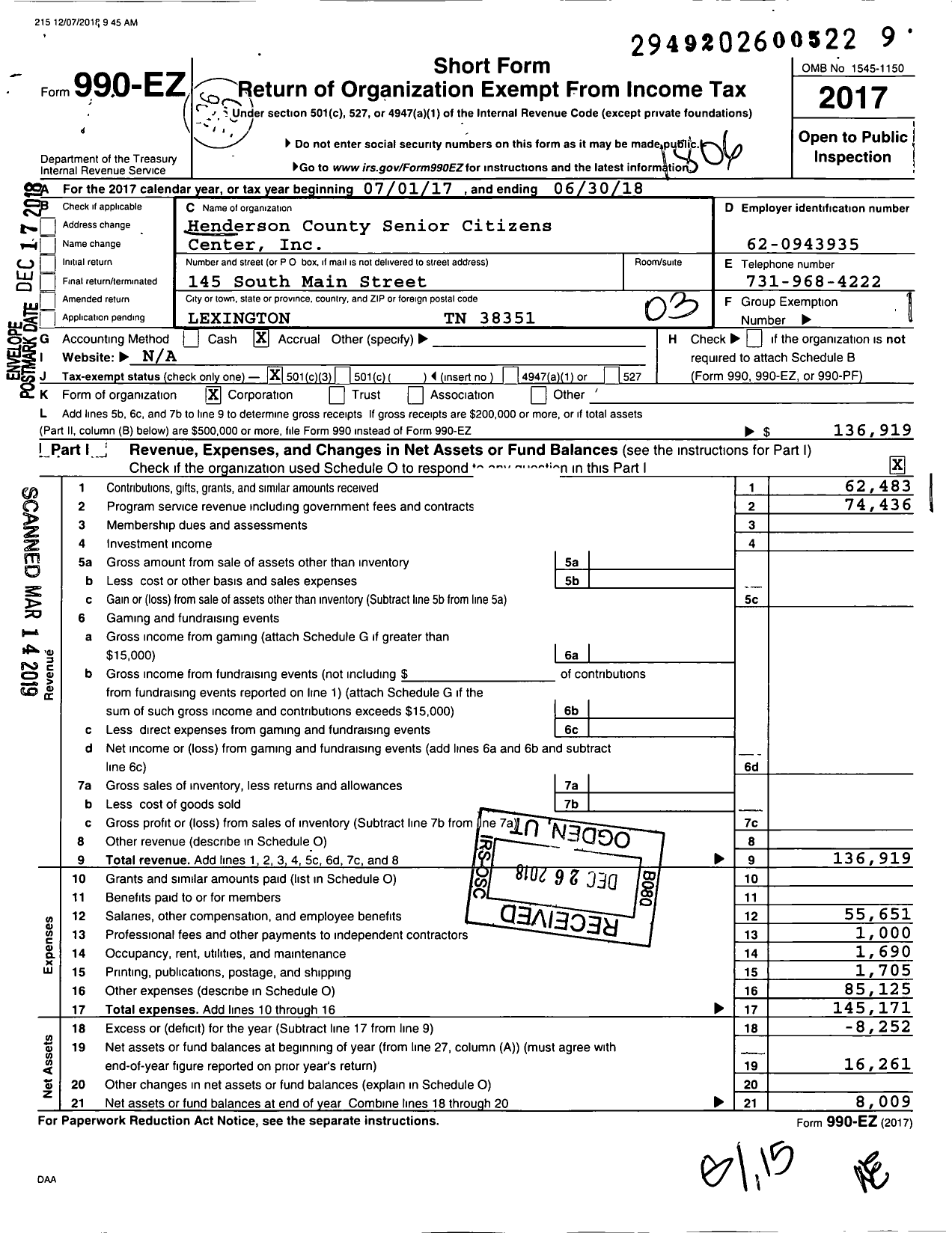 Image of first page of 2017 Form 990EZ for Henderson County Senior Center