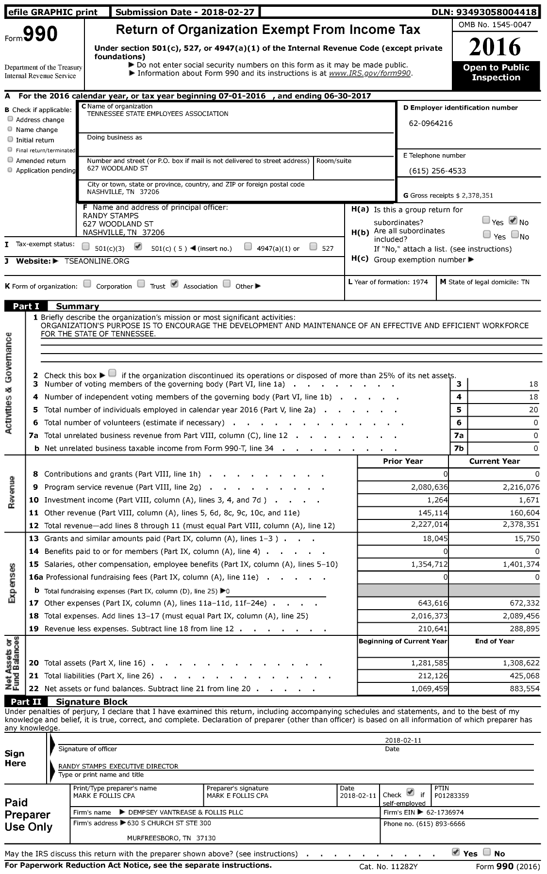 Image of first page of 2016 Form 990 for Tennessee State Employees Association